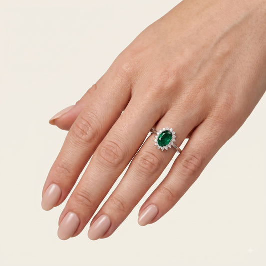 Elegant Green Emerald-Style Oval Halo Ring with Sparkling Accents