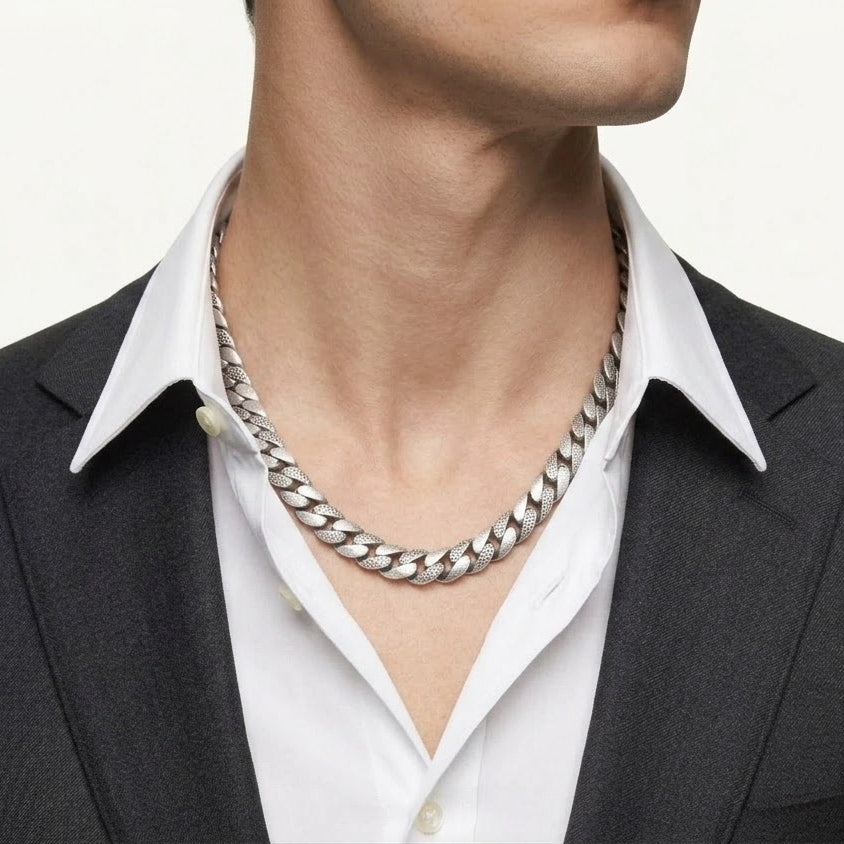 Silver Textured Cuban Link Chain Necklace for Men & Women