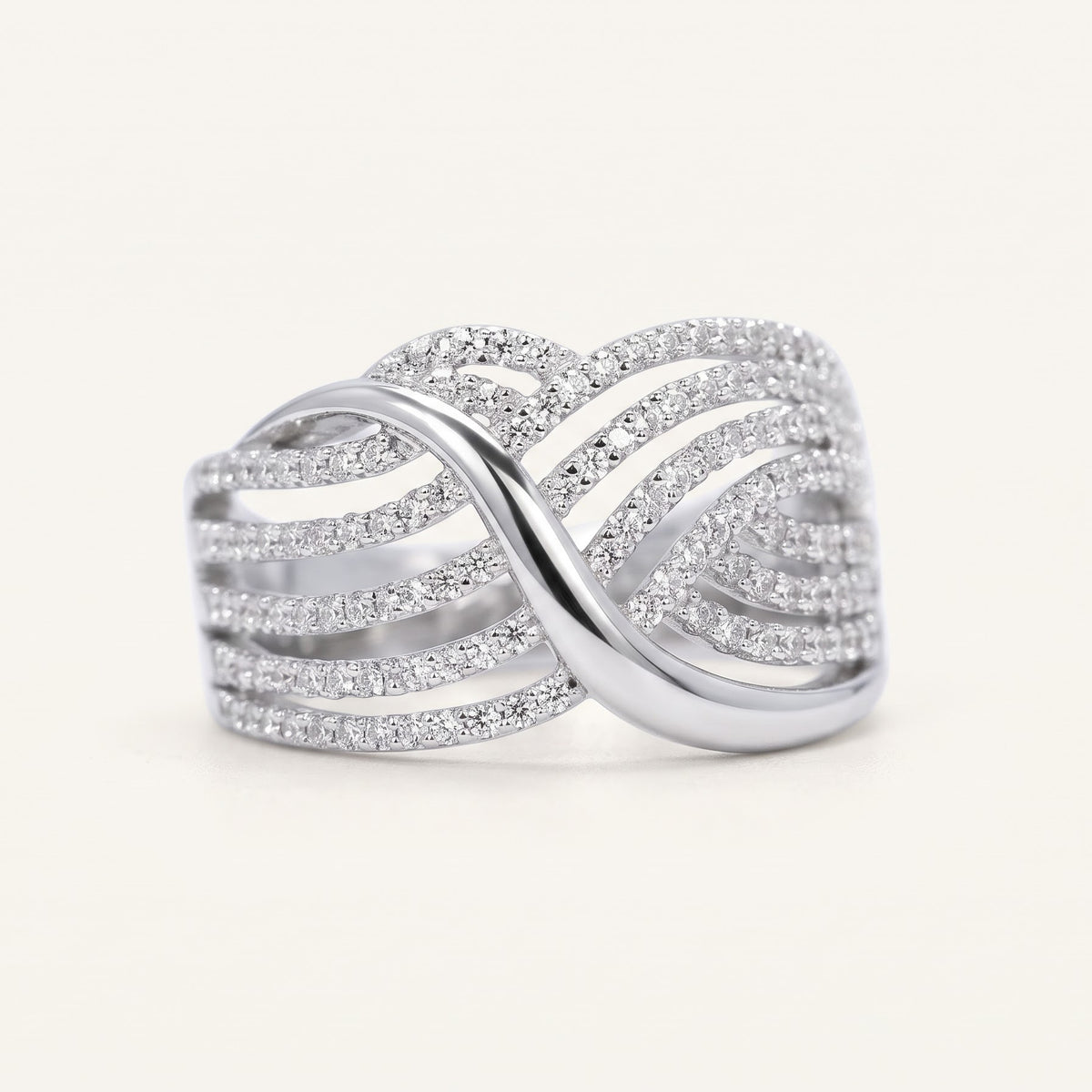 Elegant Silver-Tone Pavé Wave Ring with Multi-Row Crystal Detailing