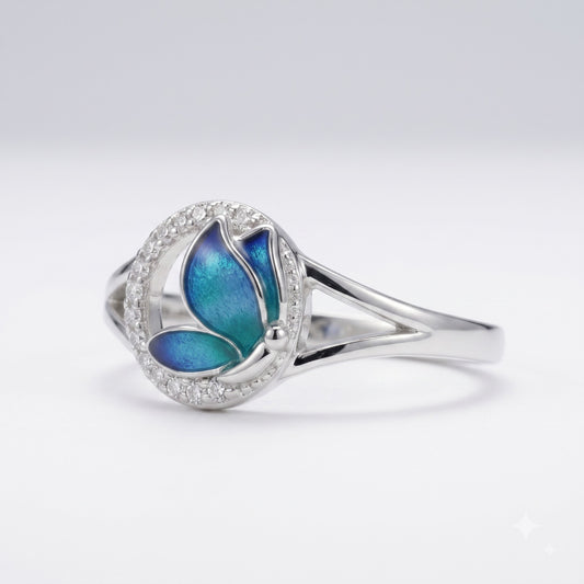 Elegant Blue & Green Floral Crystal Ring – Silver-Tone Statement Ring for Women