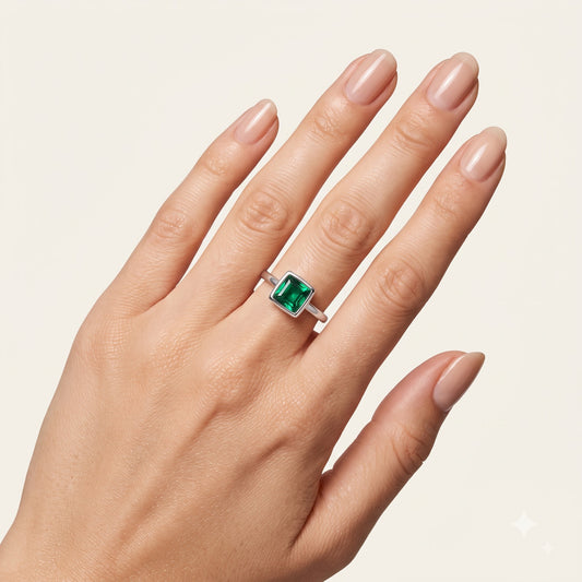 Emerald Green Square Solitaire Ring with Polished Silver-Tone Band
