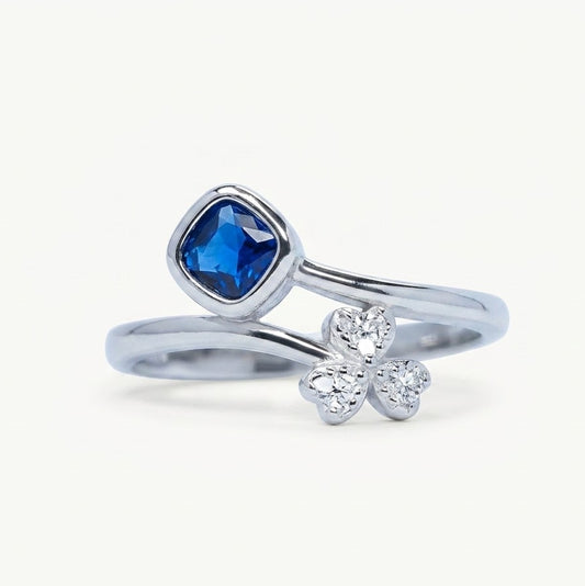 Elegant Blue Sapphire & Crystal Butterfly Adjustable Ring – Silver Finish