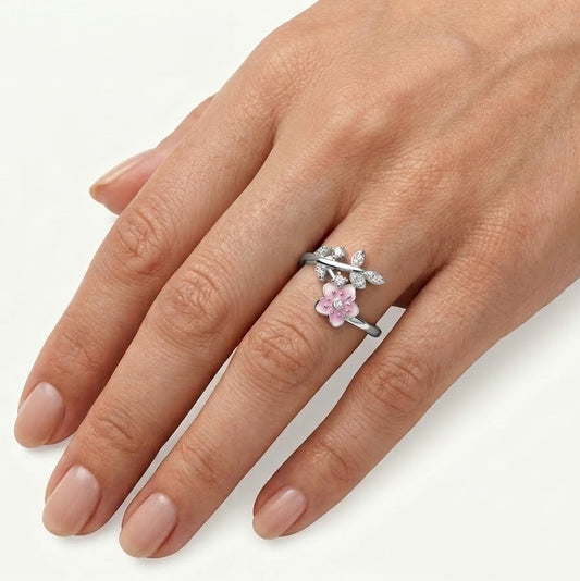 Elegant Silver Floral Ring with Pink Enamel Flower & Crystal Accents for Women