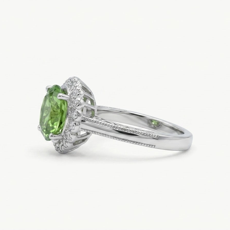 Emerald Green Halo Ring with Sparkling Clear Stones