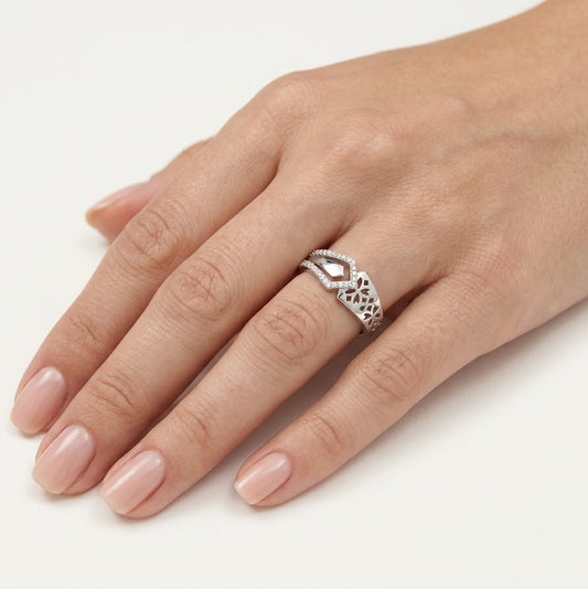 Elegant Silver Double Band Ring with Geometric Pavé Design