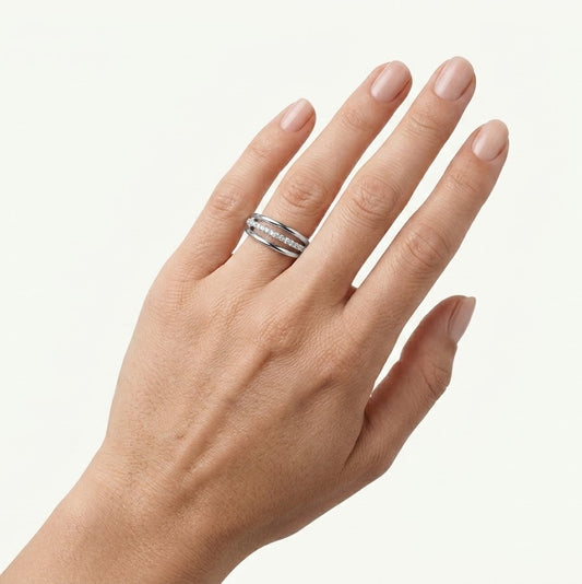 Elegant Silver Double Band Pavé Ring with Sparkling Clear Stones