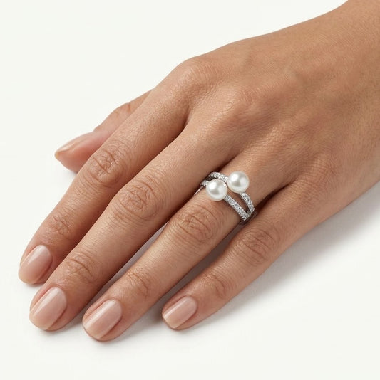 Elegant Double Pearl Crystal Ring for Women – Silver Tone