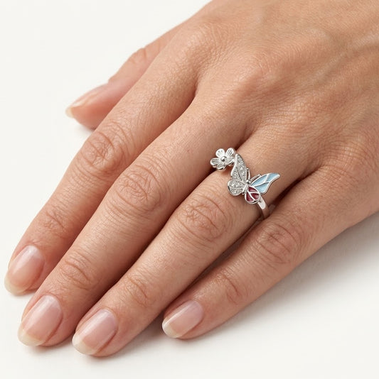 Elegant Silver Butterfly & Flower Ring with Blue and Pink Enamel Accents