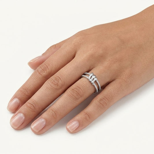 Elegant Silver Double Band Ring with Sparkling Stone Detailing