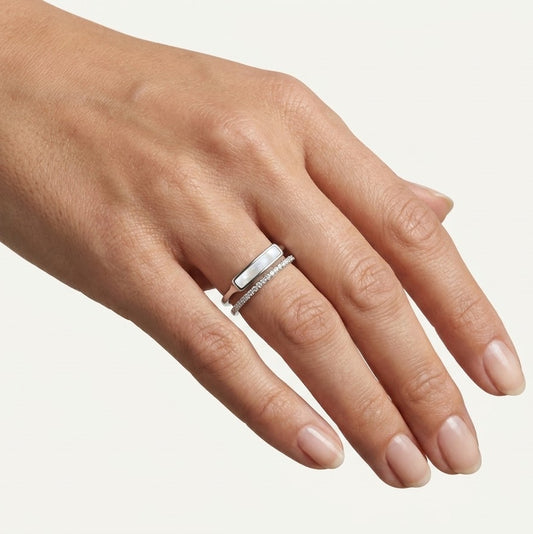 Elegant Mother of Pearl & Crystal Open Double Band Ring for Women