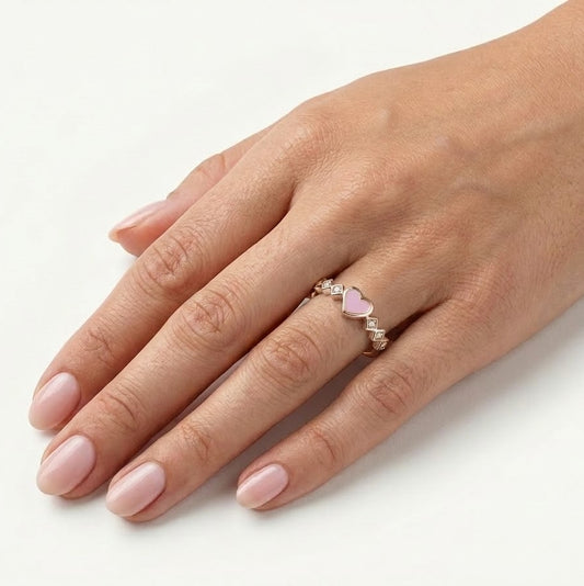 Elegant Rose Gold Heart Ring with Pink Enamel Detail