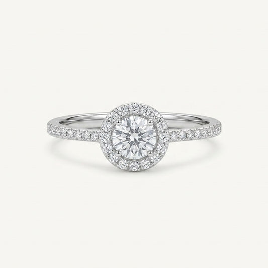 Elegant Round Halo Pavé Ring with Brilliant Clear Centre Stone