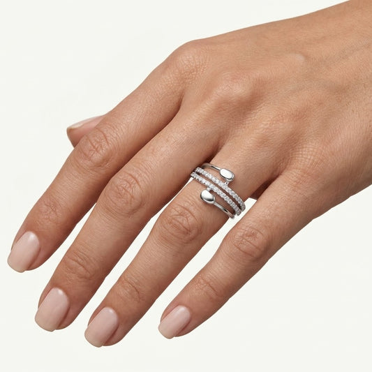 Elegant Silver Double Row Sparkling Open Ring