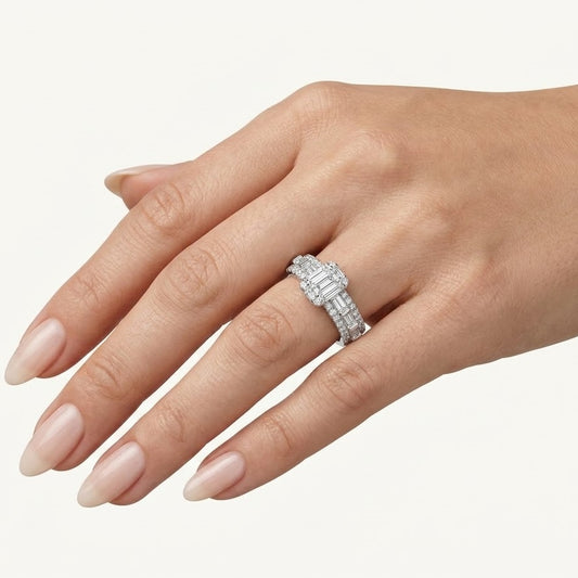 Elegant Baguette & Round Stone Halo Statement Ring for Women