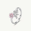 Elegant Silver Floral Ring with Pink Enamel Flower & Crystal Accents for Women