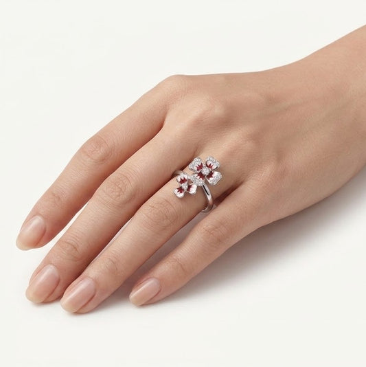 Elegant Silver Floral Enamel Ring with Crystal Accents for Women