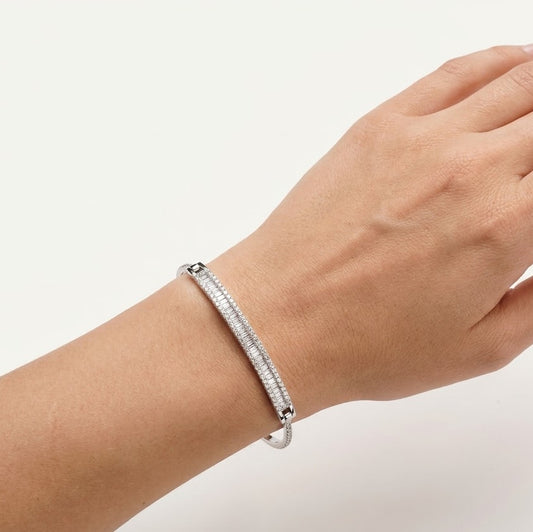 Baguette Crystal Tennis Bangle Bracelet for Women – Elegant Silver Tone Design