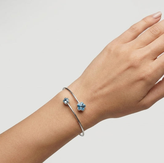 Blue Flower Crystal Open Cuff Bangle – Elegant Silver-Tone Floral Bracelet for Women