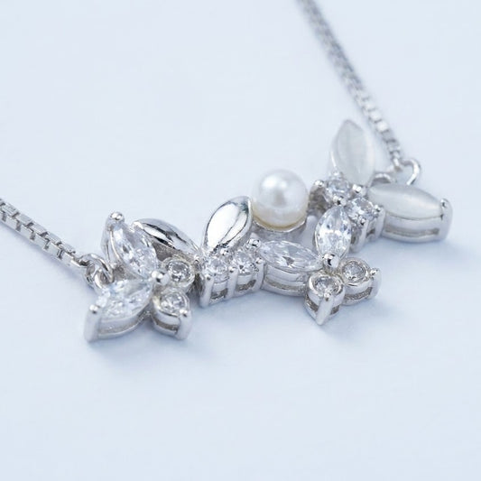 Silver Floral Pearl Vine Necklace with Leaf & Crystal Details