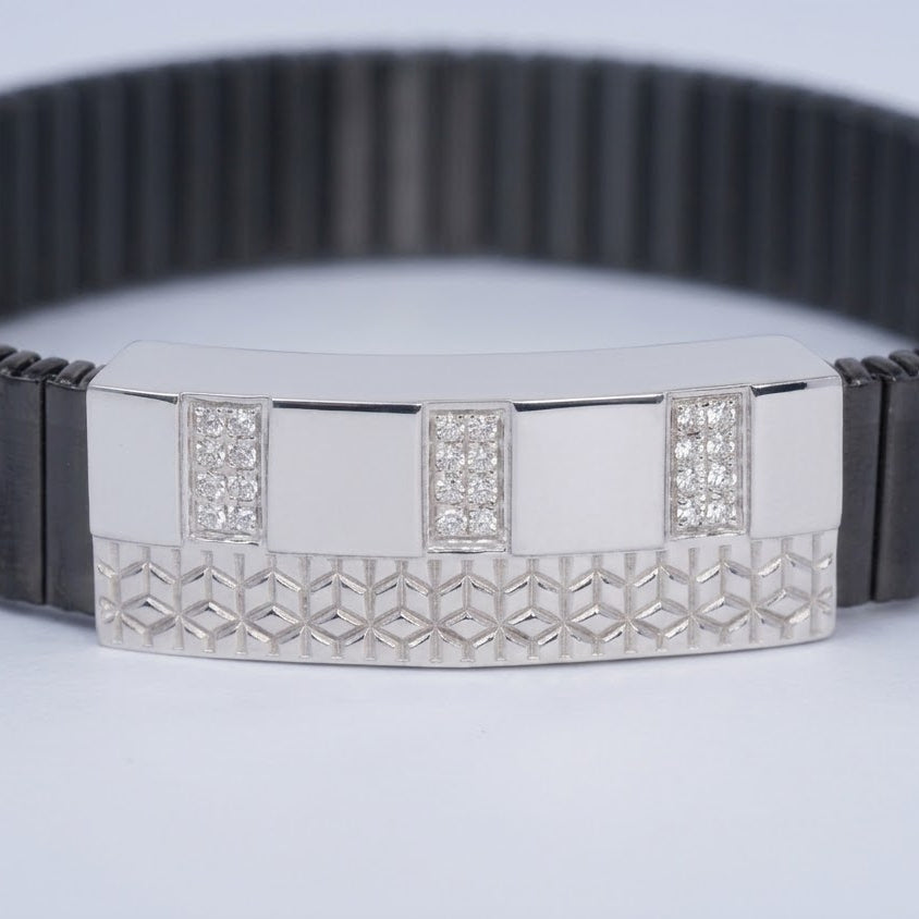 Men's Black Ribbed Bracelet with Silver Crystal Bar