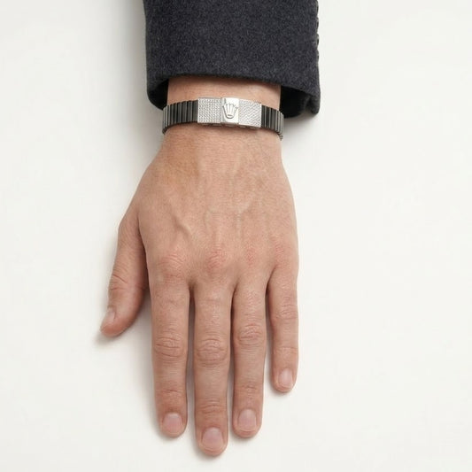Men's Black Ribbed Bracelet with Crystal Embellished Silver Centerpiece