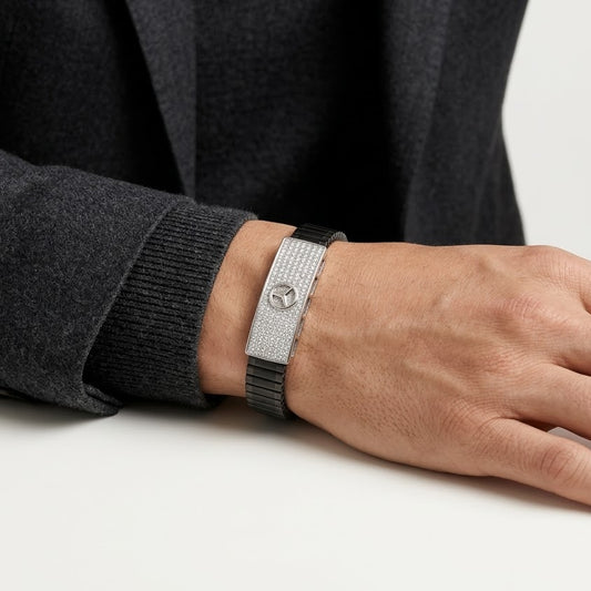 Men's Black Ribbed Bracelet with Crystal Embellished Silver Emblem