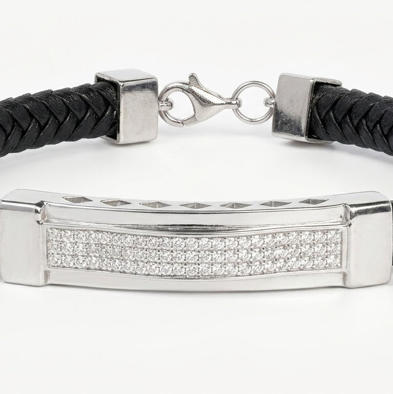 Men's Black Braided Bracelet with Silver Crystal Bar