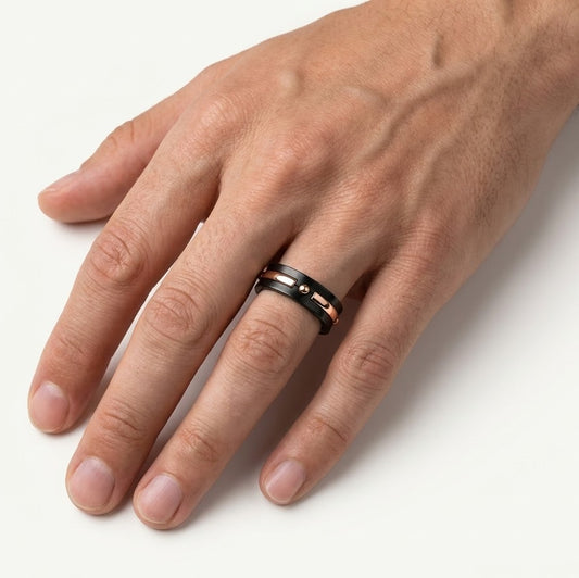 Black & Rose Gold Double Band Ring with Modern Accent
