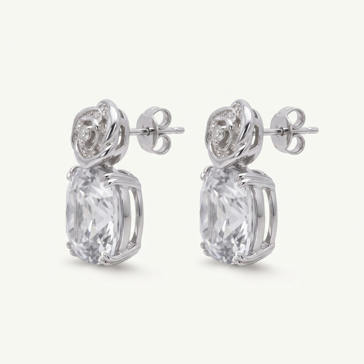 Silver Oval Crystal Drop Earrings with Sparkling Stud Tops