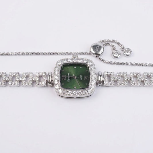 Green Square Crystal Watch for Women – 925 Silver Style Bracelet
