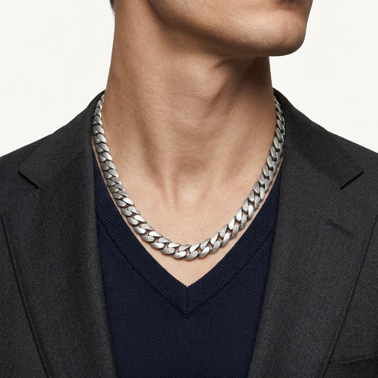 Silver Textured Cuban Link Chain Necklace for Men & Women