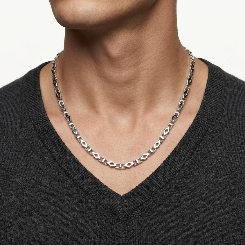 Silver Geometric Black Accent Link Chain Necklace
