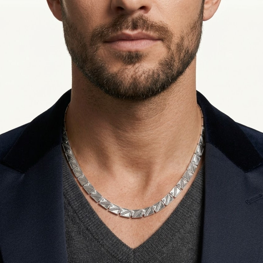 Silver Geometric Link Chain Necklace with Textured Square Links