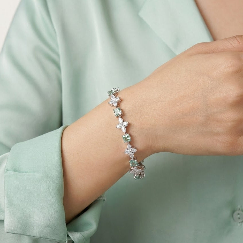 Elegant Aquamarine-Style Crystal & Floral Tennis Bracelet – Silver Finish