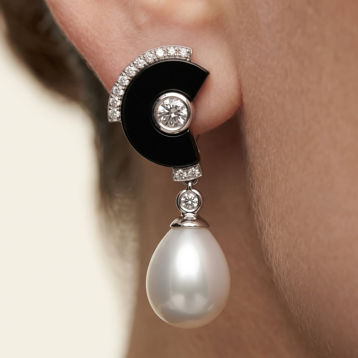 Elegant Black Enamel Pearl Drop Necklace & Earrings Set
