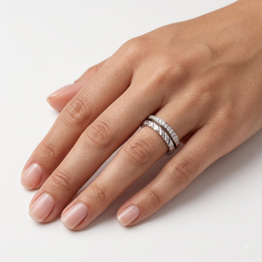 Elegant Silver Double Band Crystal Ring