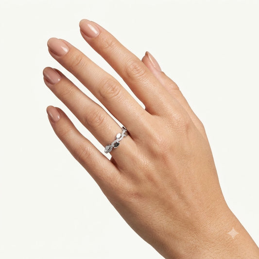 Elegant Silver Leaf-Inspired Pavé Ring with Sparkling Clear Stones