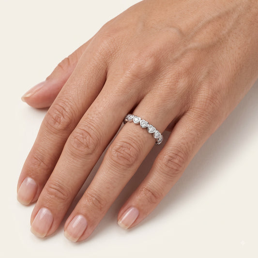 Elegant Heart-Shaped Stone Half Eternity Ring with Polished Silver-Tone Band