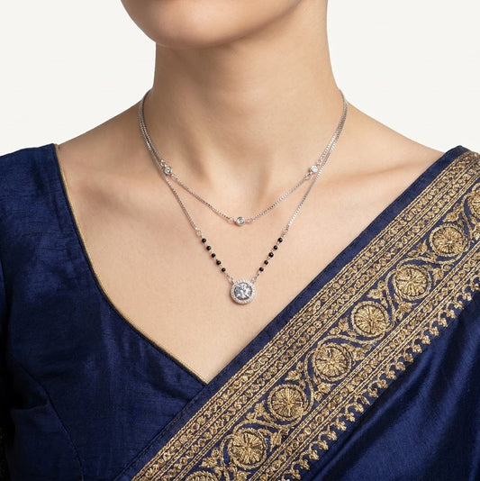 Double Layer Silver Crystal Pendant Necklace with Black Bead Accents