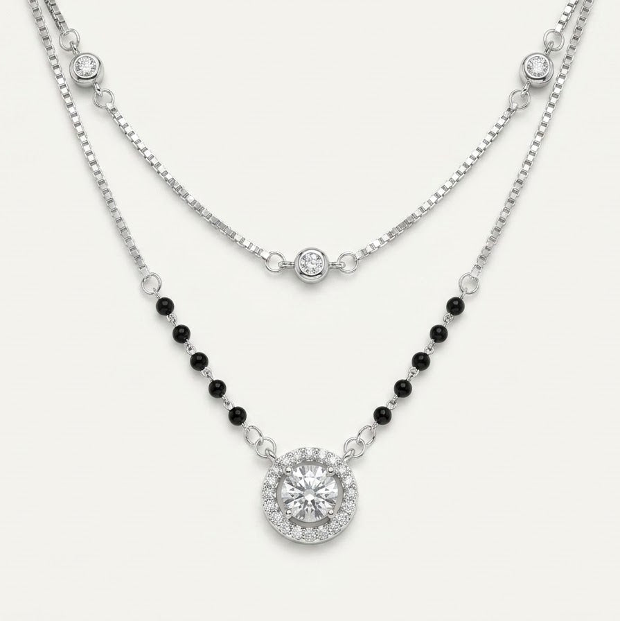 Double Layer Silver Crystal Pendant Necklace with Black Bead Accents