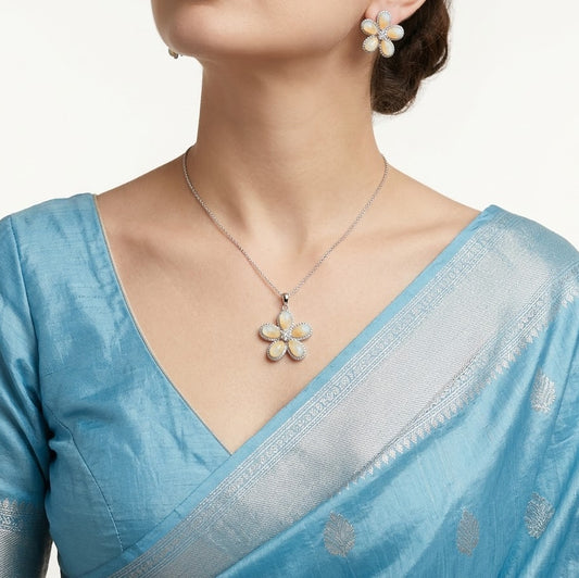 Elegant Opal Flower Necklace & Matching Earrings Set
