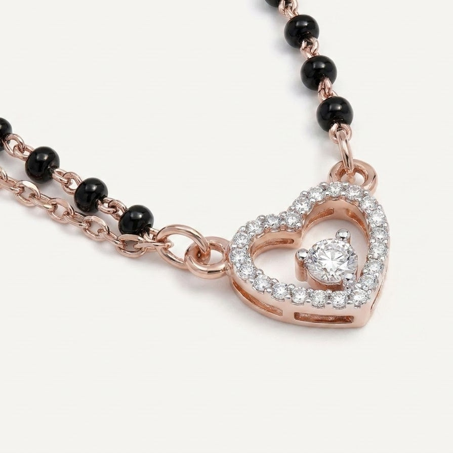 Rose Gold Heart Pendant Necklace with Black Bead Accents