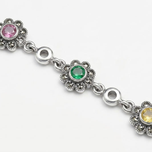 Multicolor Gemstone Floral Anklet – Vintage Silver-Tone Jewellery
