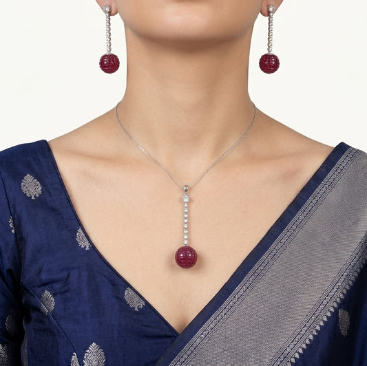 Elegant Red Gemstone Necklace & Matching Drop Earrings Set