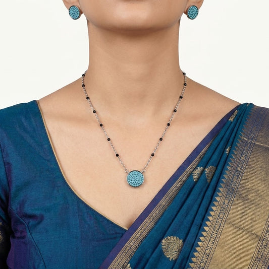 Turquoise Crystal Necklace & Matching Earrings Set with Black Bead Chain