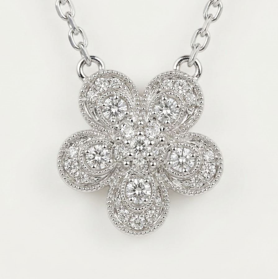 Elegant Silver Floral Pendant Necklace with Sparkling Stones