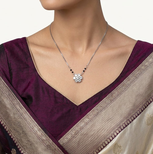 Silver Crystal Heart Pendant Necklace with Black Bead Accents