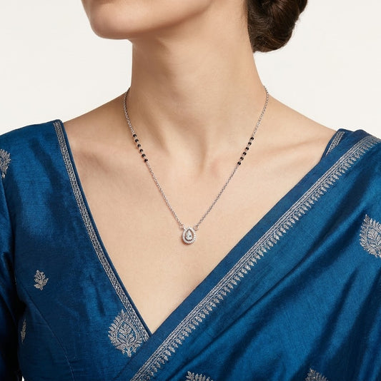 Silver Teardrop Crystal Pendant Necklace with Black Bead Accents