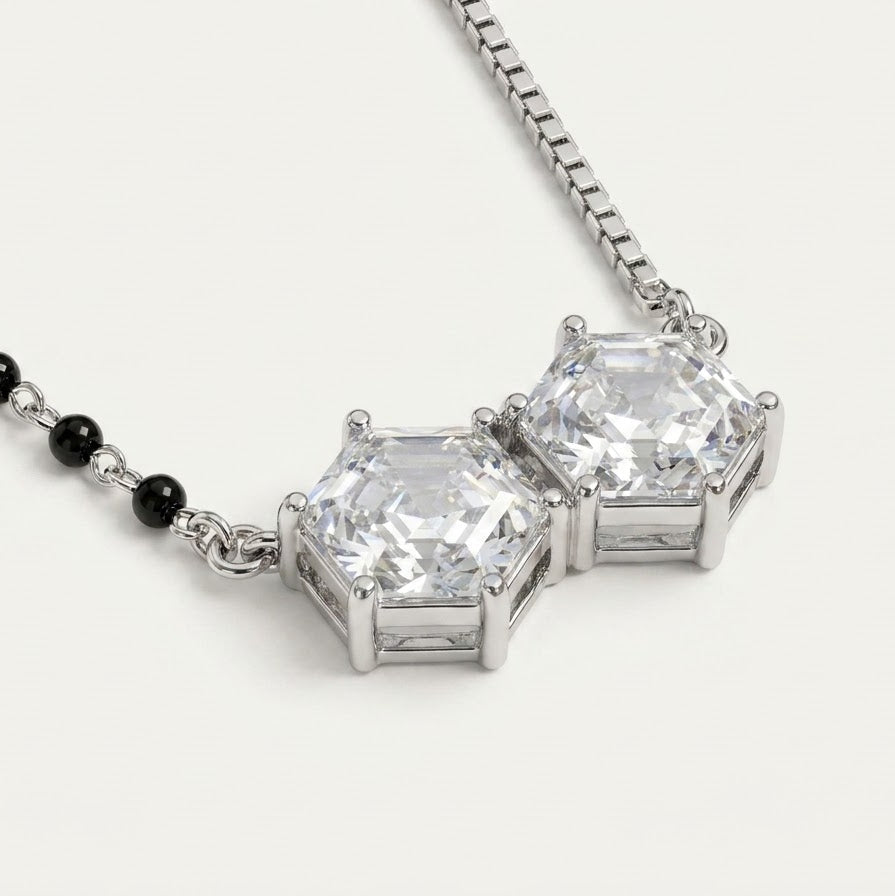 Silver Geometric Crystal Pendant Necklace with Black Bead Chain