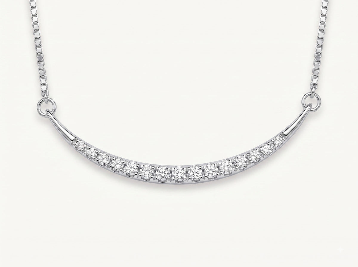 Silver Curved Crystal Bar Necklace – Minimalist Sparkling Jewellery